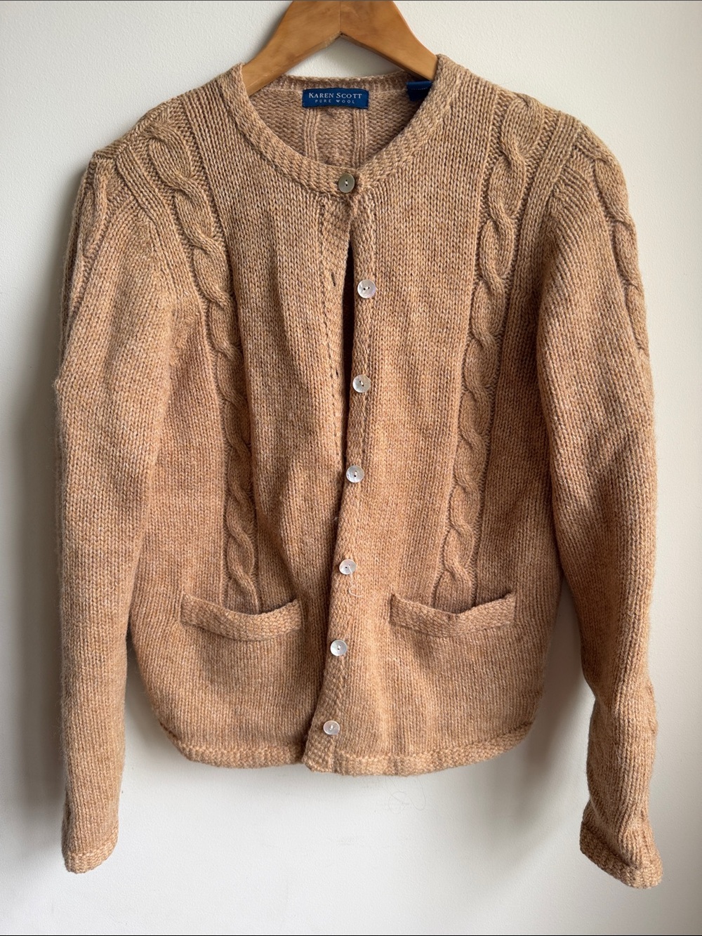 Karen Scott 100% Wool Made in Australia Cable Knit Cardigan Chunky Camel Small